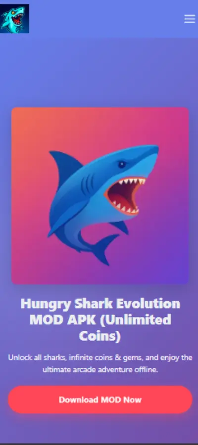 Official website page of Hungry Shark Evolution MOD APK unlimited money download