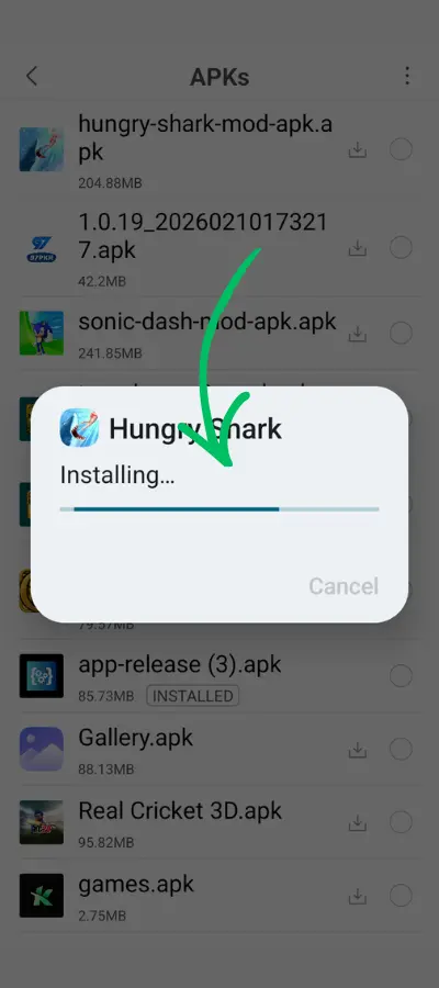 Installing Hungry Shark Evolution MOD APK hack file on Android device