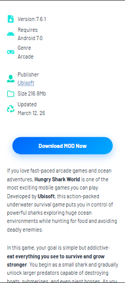 Download button for Hungry Shark World MOD APK latest version with unlimited coins and gems