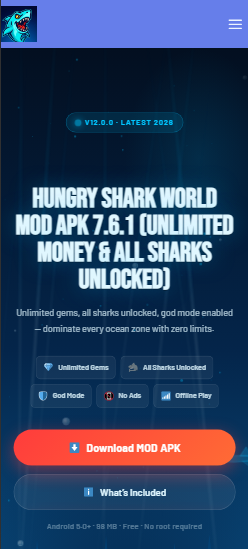 Official website page showing Hungry Shark World MOD APK unlimited money download